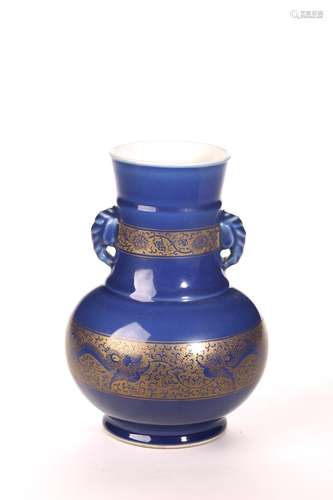 A BLUE GLAZED GILT PAINTED VASE