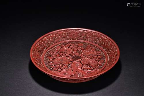 A RED LACQUER ‘PEONY' DISH