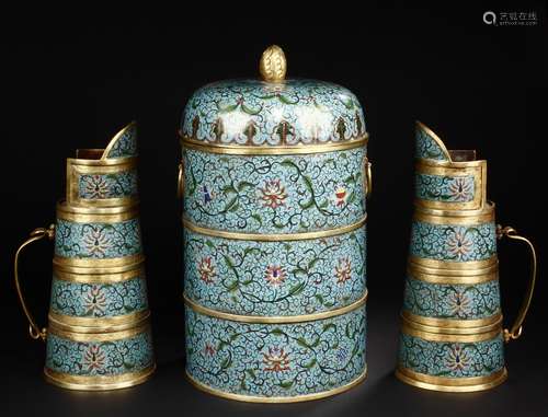 A SET OF CLOISONNE ENAMEL TIER BOX AND TWO EWERS