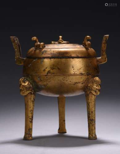 A GILT-BRONZE TRIPOD CENSER