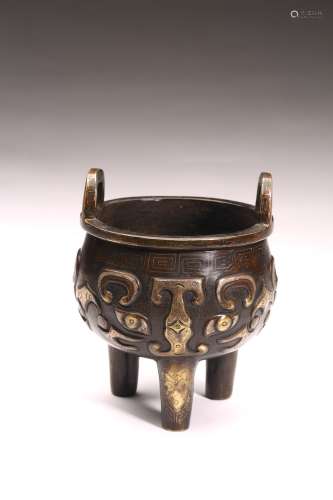 A BRONZE SILVER INLAID TRIPOD CENSER