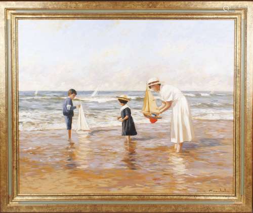 AN OIL ON CANVAS 'FIGURES ON THE BEACH' PAINTING