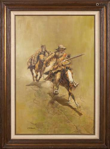 AN OIL ON CANVAS 'HORSE RIDERS' PAINTING