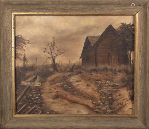 AN OIL ON CANVAS 'HUT' PAINTING