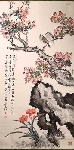 A COLOR AND INK 'MAGPIES AND PLUM BLOSSOM' PAINTING