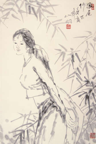 吴山明（b.1941） 凤尾竹下 立轴 水墨纸本