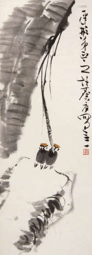 许麟庐（1916～2011） 芭蕉麻雀 托片 设色纸本