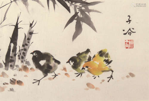 柳子谷（1901～1986） 竹鸡图 镜框 设色纸本