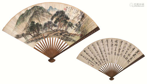 樊浩霖（1885～1962）钱瘦铁（1897～1967） 夏日山居图成扇 成扇 设色纸本 水墨纸本