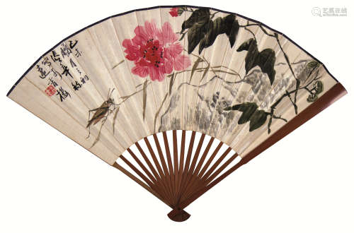 张辛稼（1909～1991） 花鸟成扇 成扇 设色纸本