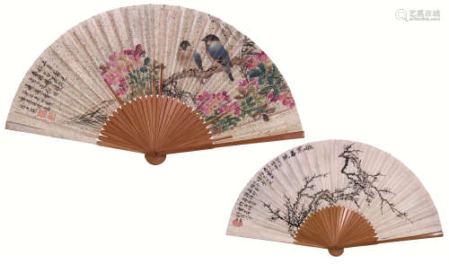 颜伯龙（1898～1955）龚铁梅（1877～1969） 花鸟成扇 成扇 设色纸本