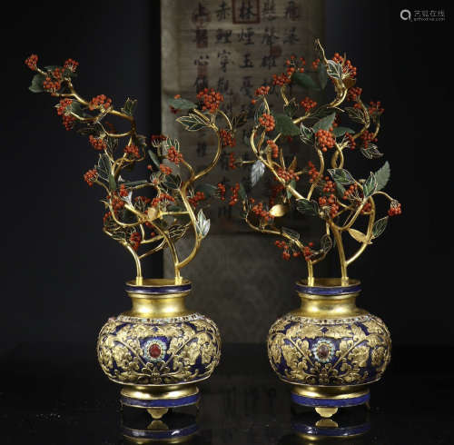 a pair of copper enamel gold vase