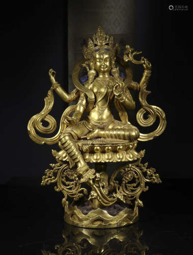 Brass gold four-armed Guanyin statue decoration