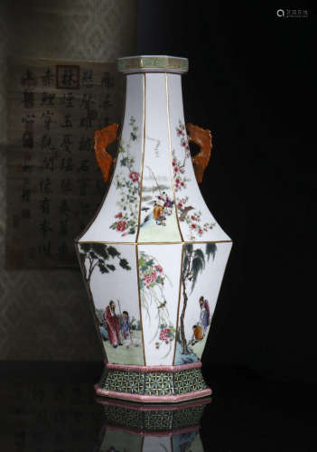 Pastel figure scene hexagonal bottle from Qianlong year system