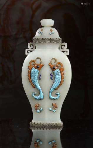 White Jade contanier with double fish grains