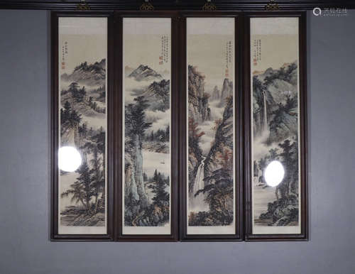 Redwood four screens inlaiding landscape painting