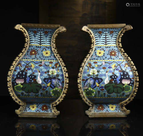 a pair of old cloisonne crane bottles from Qing