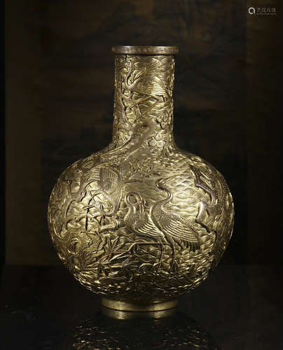 copper enamel gold pine crane celestial bottle from Qianlong year system