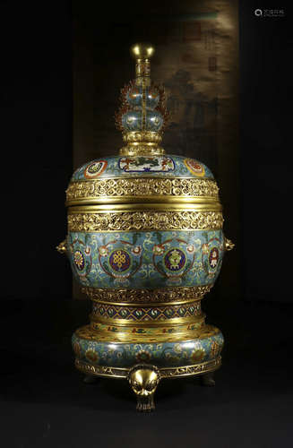 Cloisonne blue and gold tri-feet beast furnace from Qianlong year system