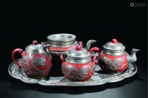 清 紫砂包锡龙纹茶壶 （一套）