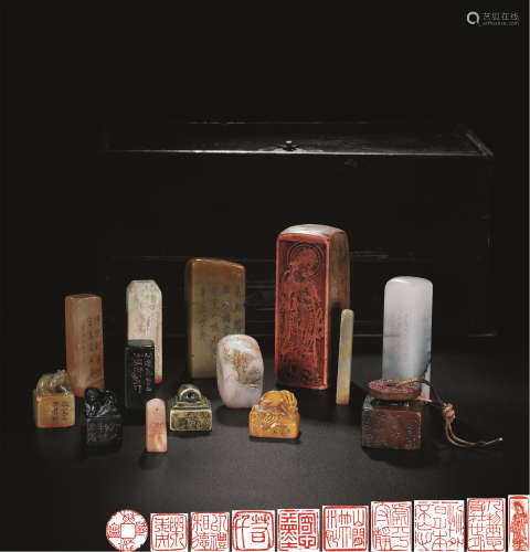 清 寿山石各式印章一盒十四方