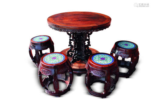 清 红木雕螭龙纹转桌五件套