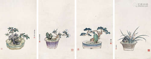 许昭 盆花 四屏 设色纸本