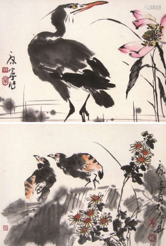 康宁（b.1938） 花鸟二帧 镜框 设色纸本