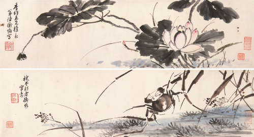 陈师曾（1876～1923） 荷塘清趣二帧 镜芯 设色纸本