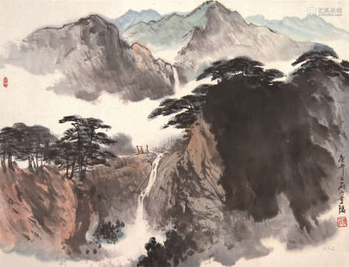 傅二石（1936～2017） 观瀑图 托片 设色纸本