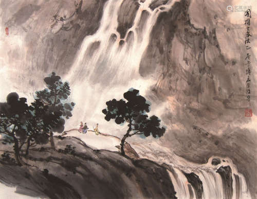 傅二石（1936～2017） 观瀑图 镜框 设色纸本