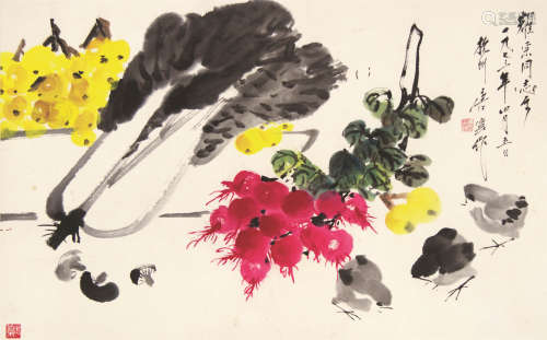 唐云（1910～1993） 果蔬雉鸡 镜芯 设色纸本