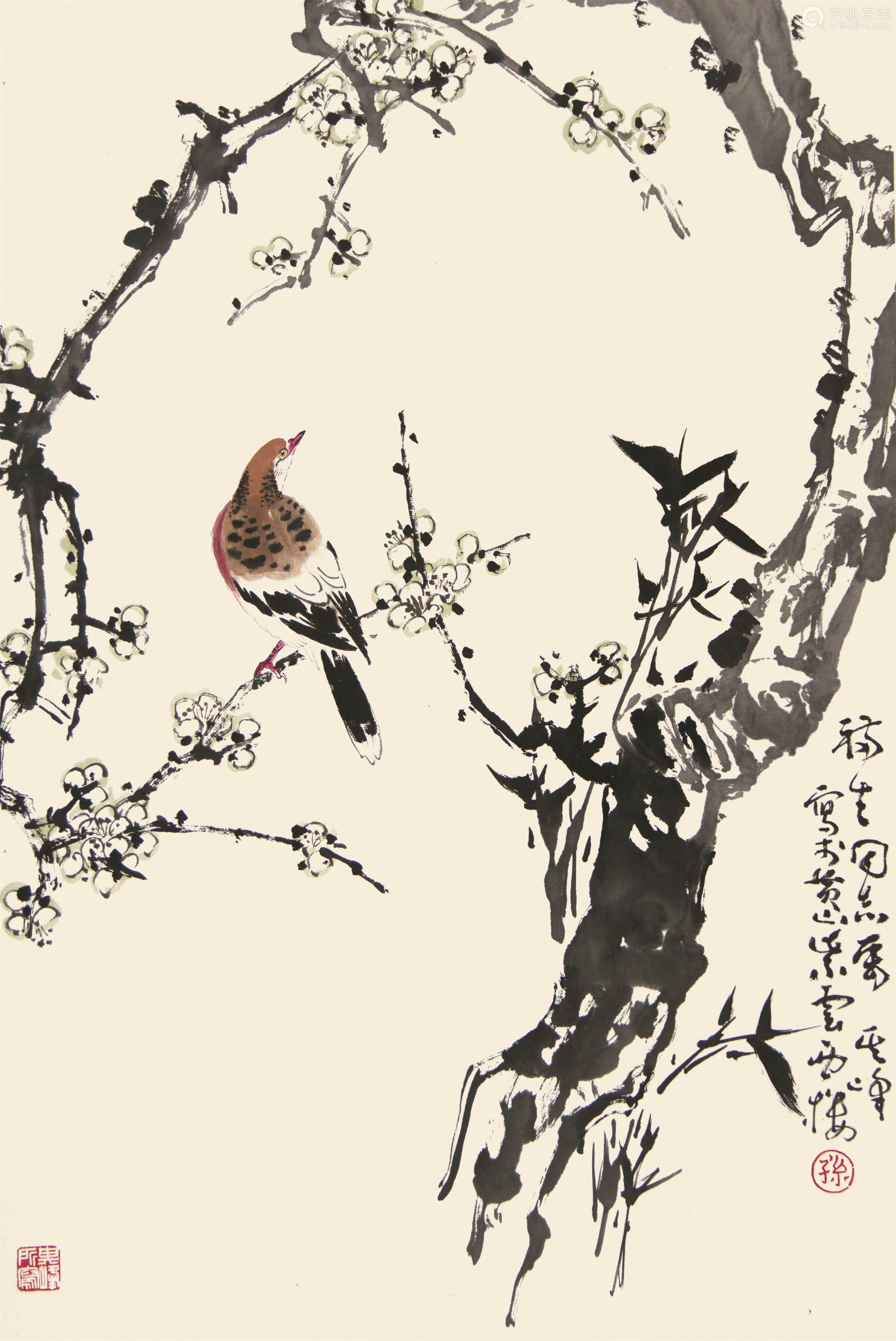 孫其峰(b.1920) 梅花竹鳥 立軸 設色紙本