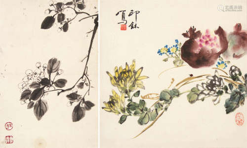 孙其峰（b.1920）萧朗（1917～2010） 花鸟 托片 镜框 水墨 设色纸本