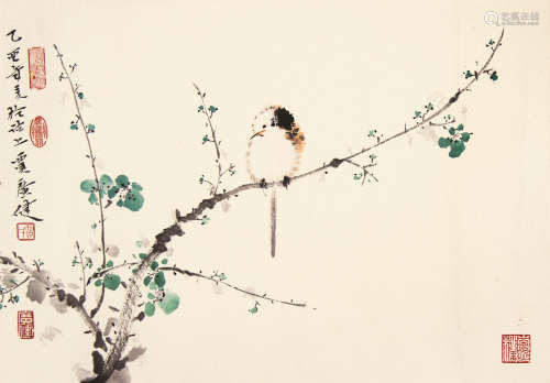 贾广健（b.1964） 绿梅小鸟 镜芯 设色纸本
