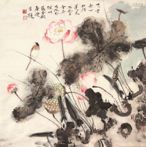 贾广健（b.1964） 荷花小鸟 画片 设色纸本