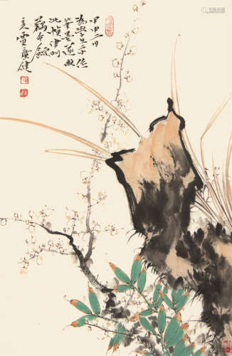 贾广健（b.1964） 梅竹兰石图 画片 设色纸本