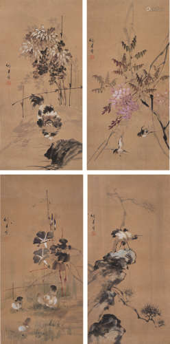 穆仲芹（1906～1990） 花鸟四屏 镜芯 设色纸本