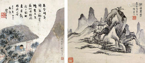 李瑞清（1867～1920）钱慧安 山水双挖 立轴 设色纸本