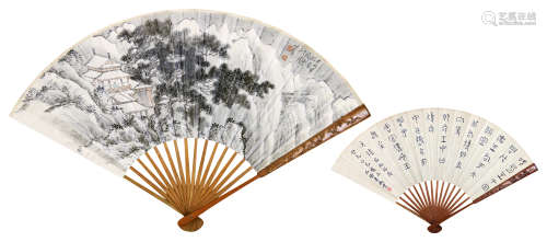 溥儒（1896～1963）巢鹏云 雪景书法 成扇 设色纸本