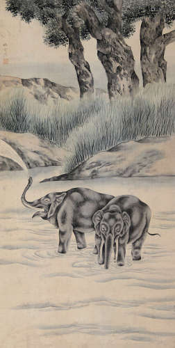 刘用烺 大象 立轴 设色绢本