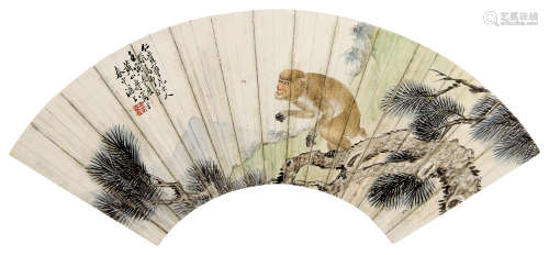 黄山寿 猴 扇面 设色纸本