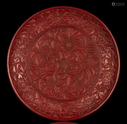 明16世纪，或为明嘉靖 剔红缠枝牡丹石榴纹盘