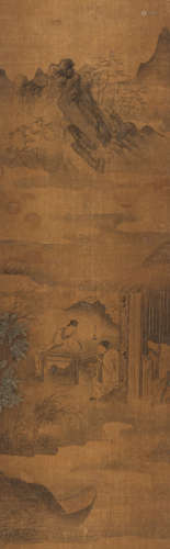 约中国17世纪 月下听箫图 镜框 水墨设色绢本