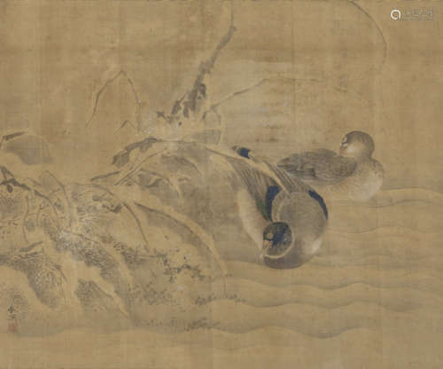 春木南溟（1795-1878） 日本，江户时代晚期 雪岸双凫图 镜框 水墨设色绢本