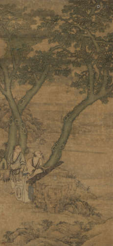 约中国17世纪 顾见龙款桐荫抚琴图 绢本立轴 水墨设色