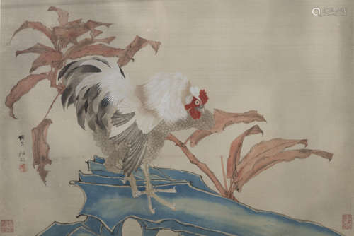 任颐（1840-1895） 清19世纪 秋石雄鸡图 镜框 水墨设色绢本