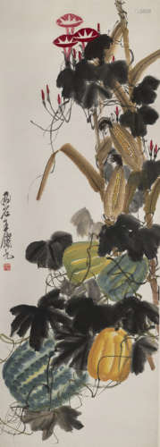 中国20世纪 牵牛瓜果图 纸本立轴 水墨设色