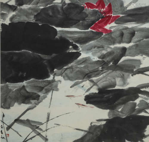 陈文希（1906-1991） 20世纪 红荷双鱼图 镜框 水墨设色纸本