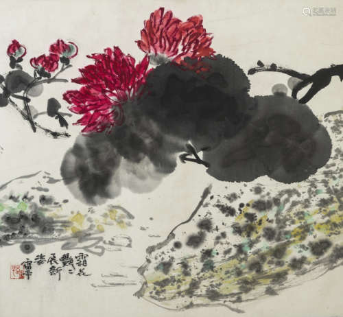 张雷平（-1945） 中国20世纪 红菊图 镜框 水墨设色纸本